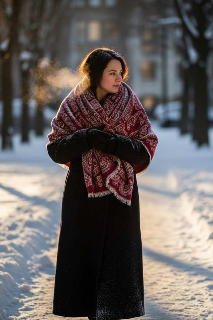 Shawl Paired With a Long Coat for Extra Warmth