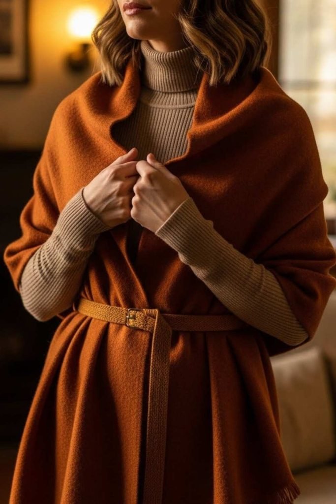 Shawl as a Belted Layer With Turtleneck