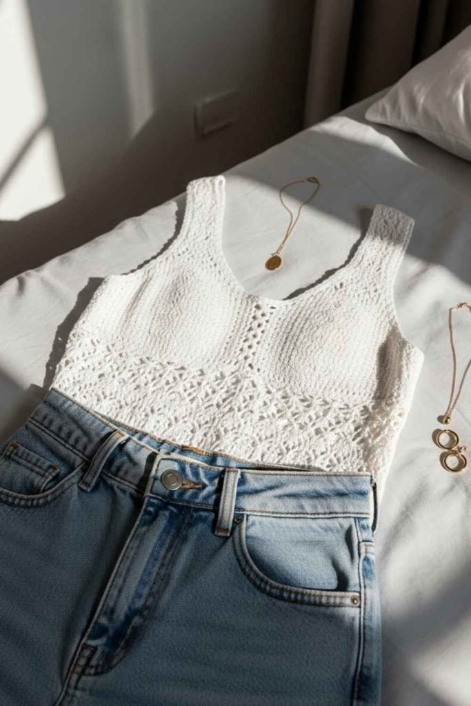 White Crochet Tank With High-Waist Jeans