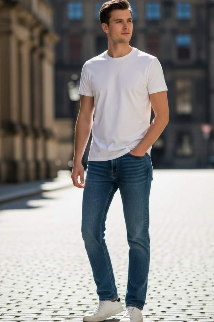 White T-Shirt With Straight-Leg Jeans