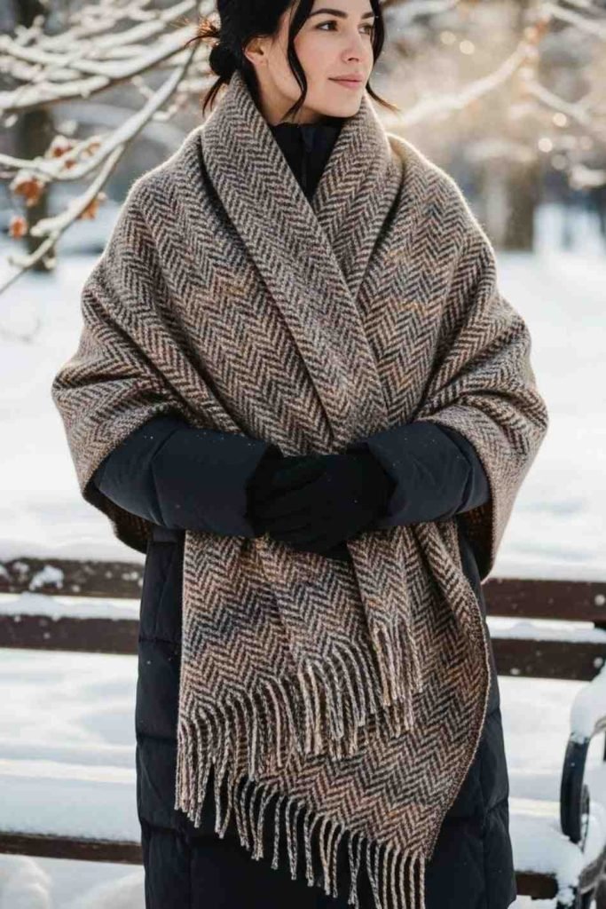 Wool Shawl Over a Puffer Jacket