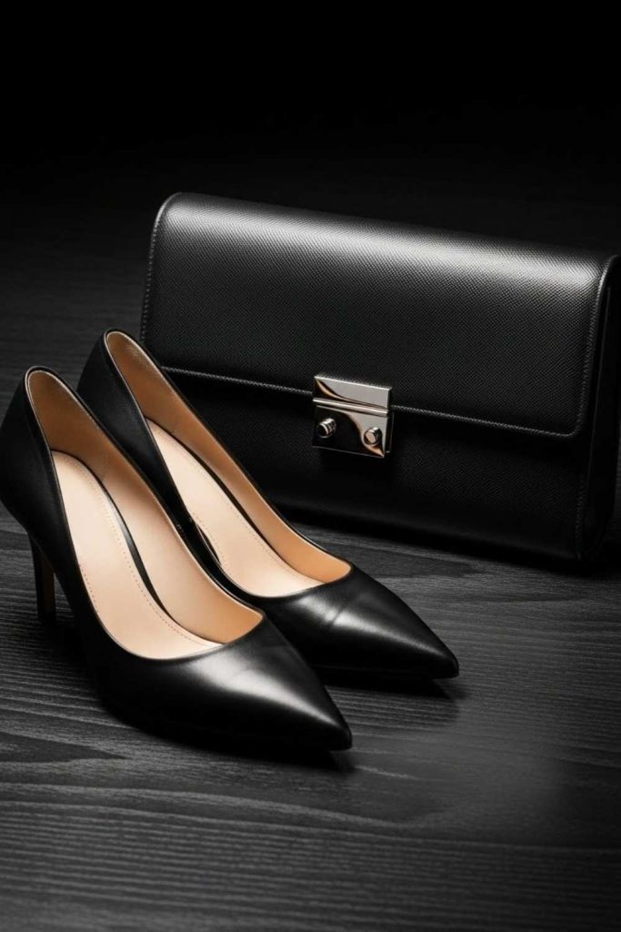 Black Pumps with a Structured Black Clutch