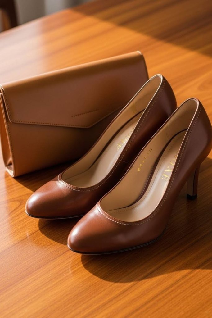 Brown Heels with a Tan Clutch