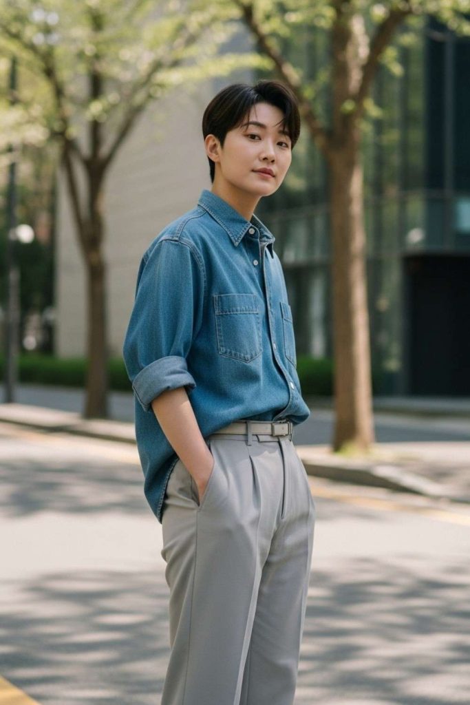 Casual Denim Shirt with Neutral Trousers