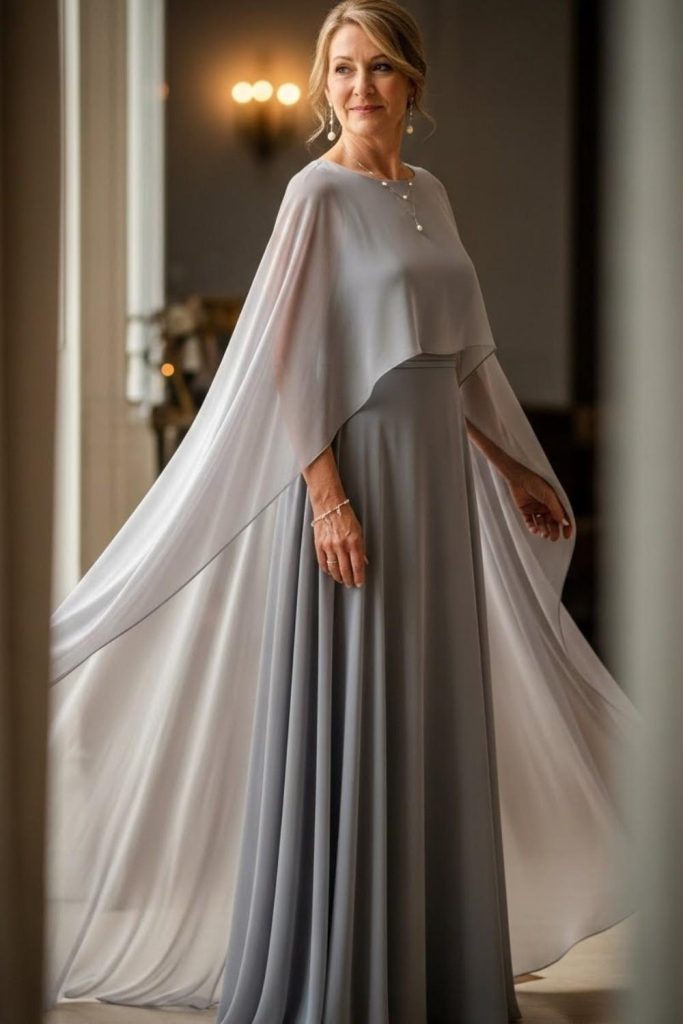 Chiffon Gown With Soft Cape Overlay