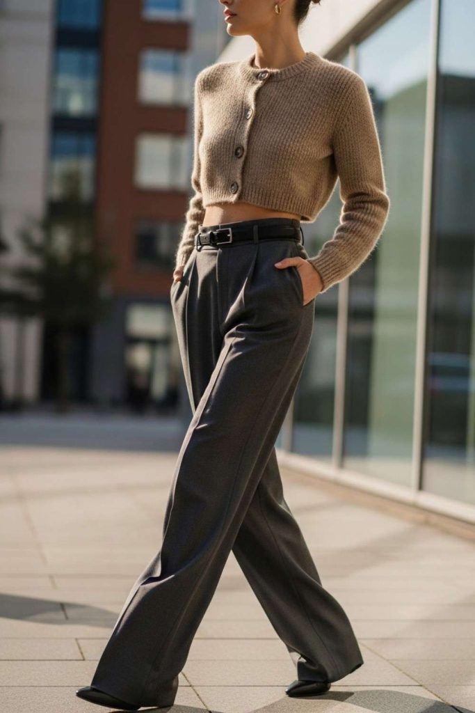 Cropped Cardigan with High-Waisted Trousers