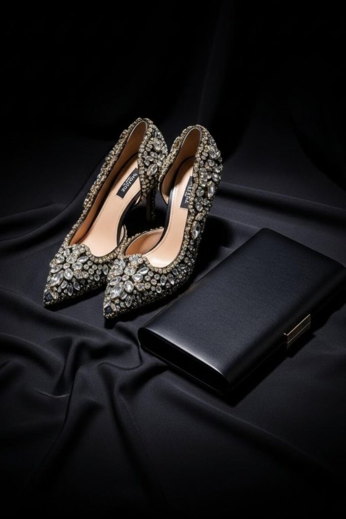 Embellished Shoes with a Minimal Clutch