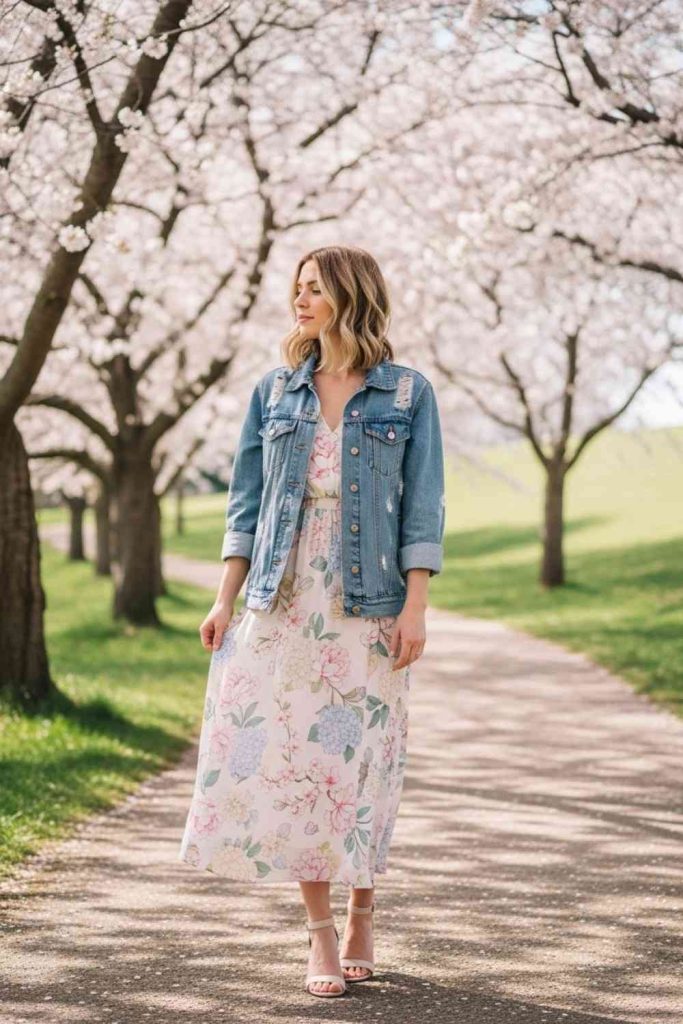Floral Dress with Light Denim Jacket