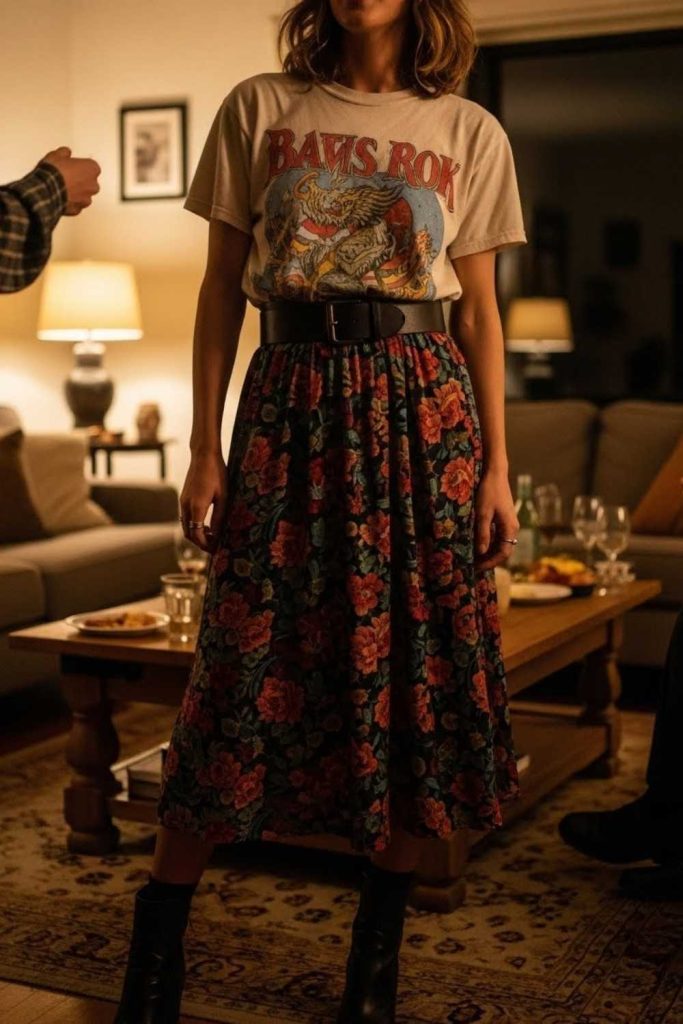  Graphic Tee with a Midi Skirt