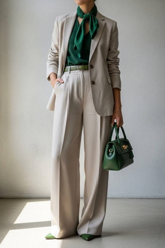 Green Accessories on a Neutral Outfit