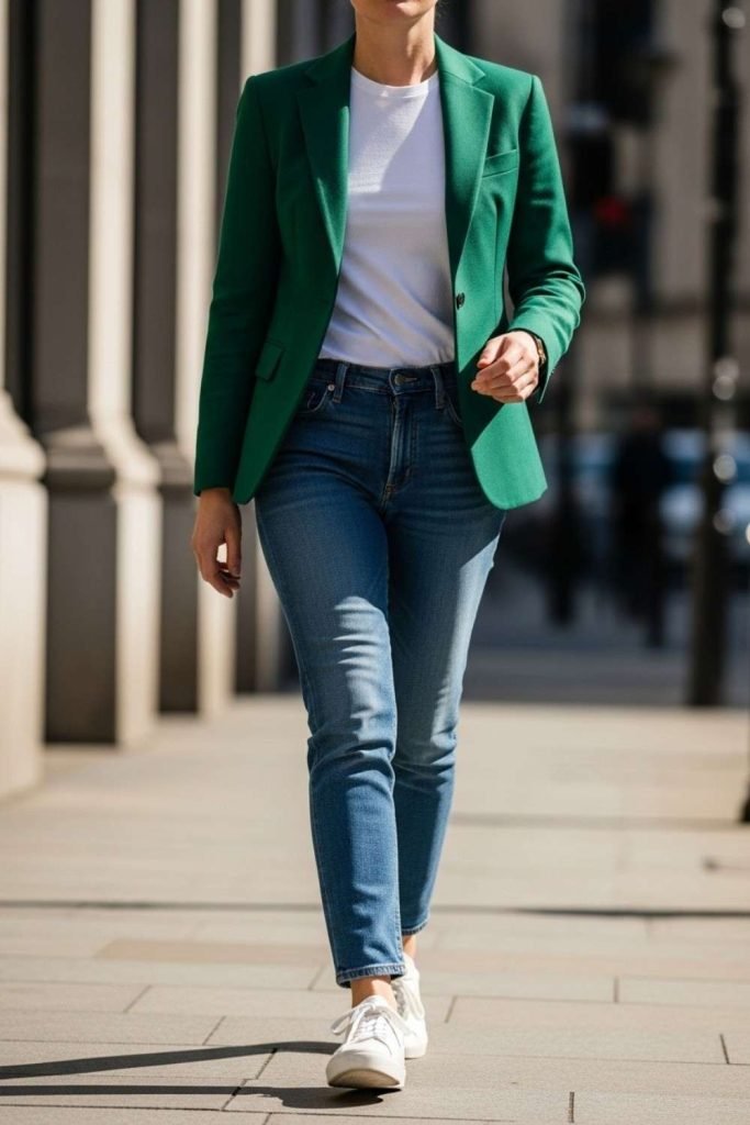 Green Blazer with White Tee and Jeans