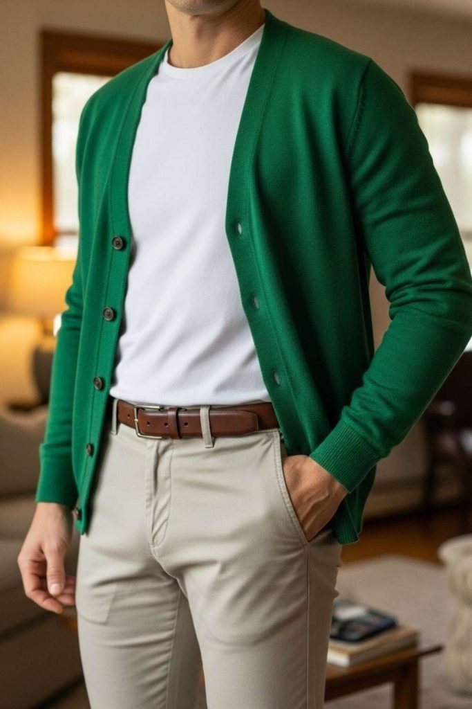 Green Cardigan with Neutral Basics