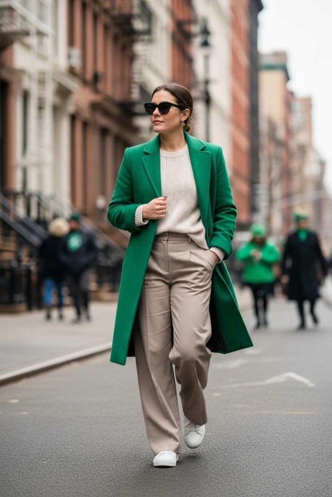 Green Coat over Neutral Outfit