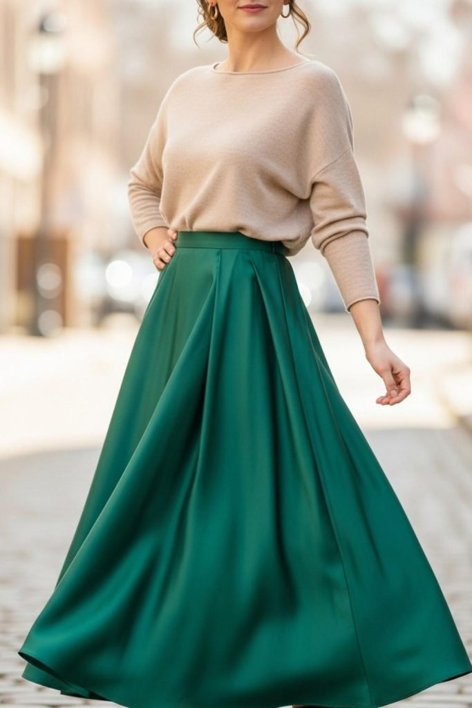 Green Skirt with Neutral Top