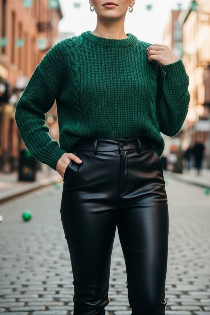 Green Sweater with Leather Pants