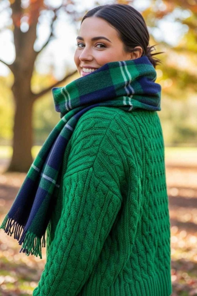 Green Sweater with Plaid Scarf