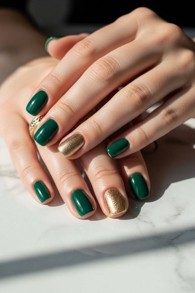 Green and Gold Accent Nails