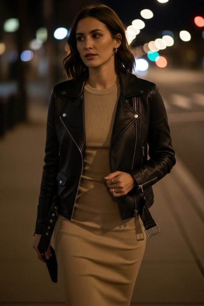 Leather Jacket Over a Fitted Dress