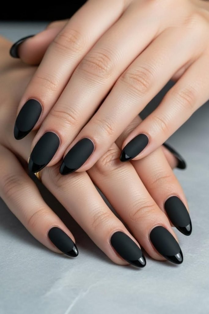 Matte Black Nails With Glossy Tips
