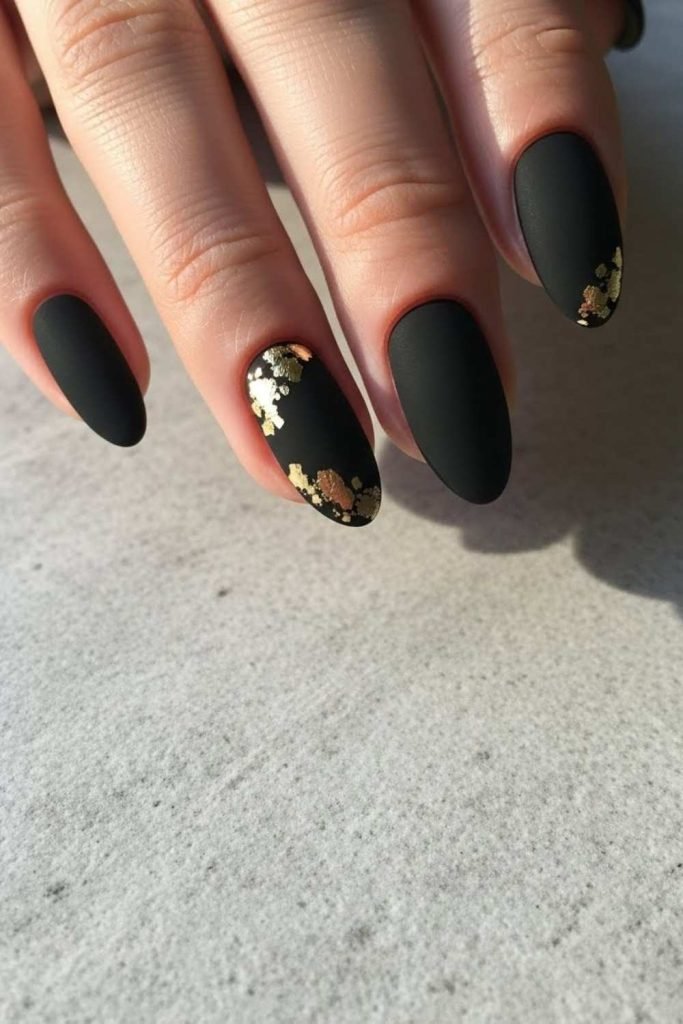 Matte Black Nails With Gold Foil Accent