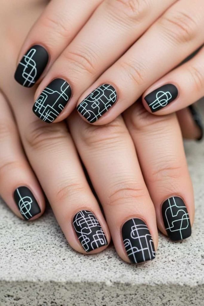 Matte Black Nails With Minimal Line Art