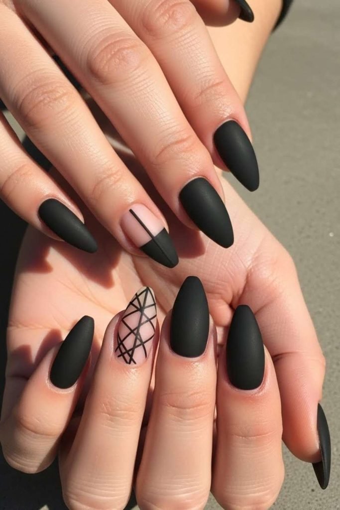Matte Black Nails With Negative Space