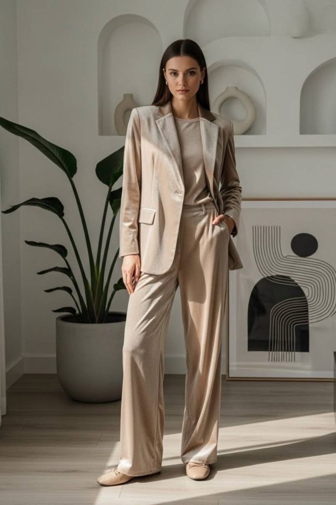 Neutral Beige Velvet Co Ord Set