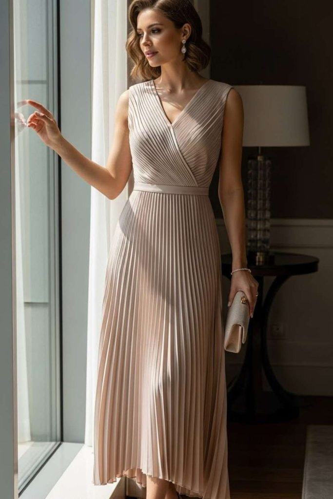 Neutral Pleated Dress