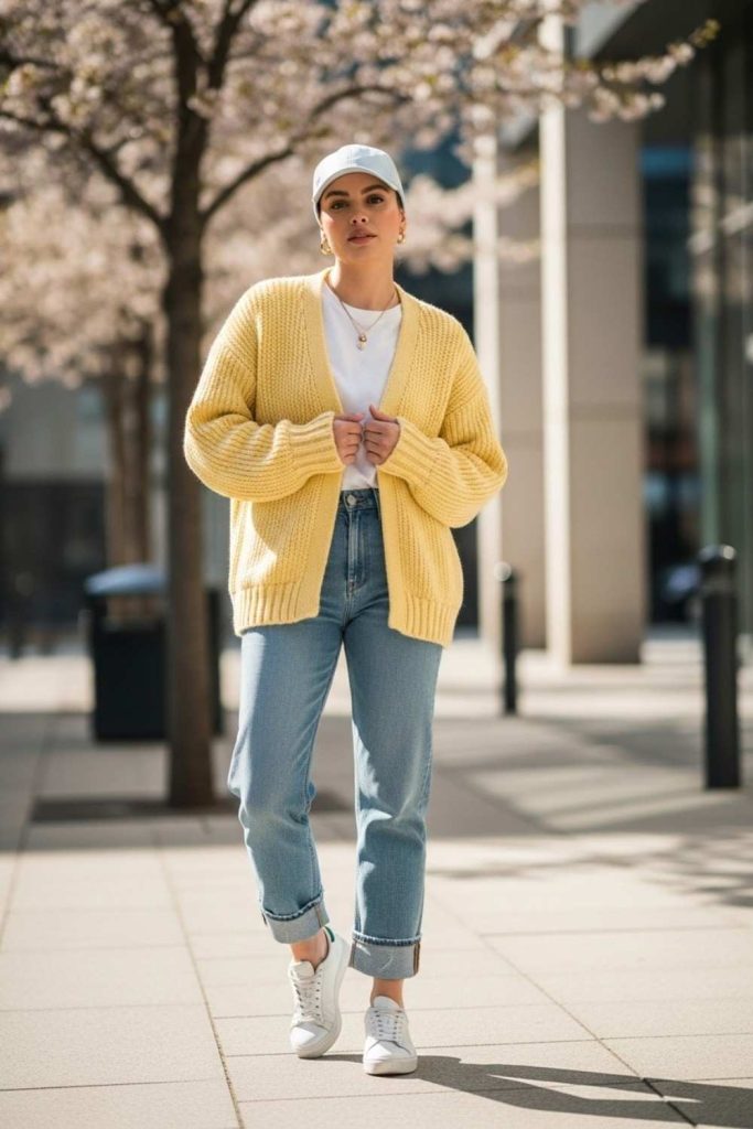 Pastel Cardigan with Straight-Leg Jeans