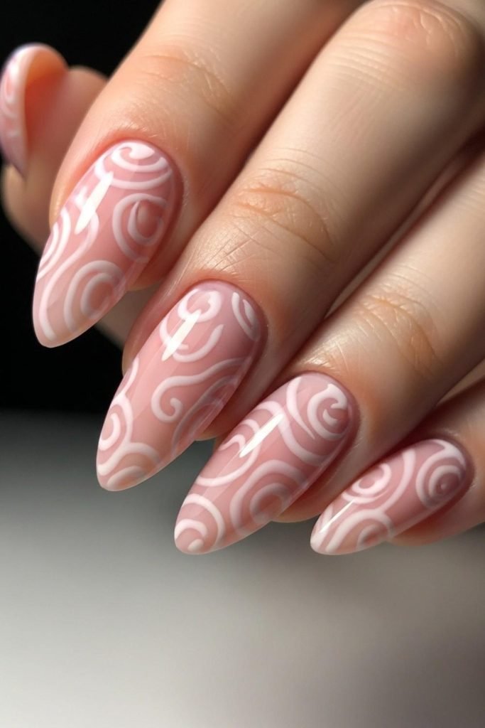 Pink and White Swirl Spring Nails