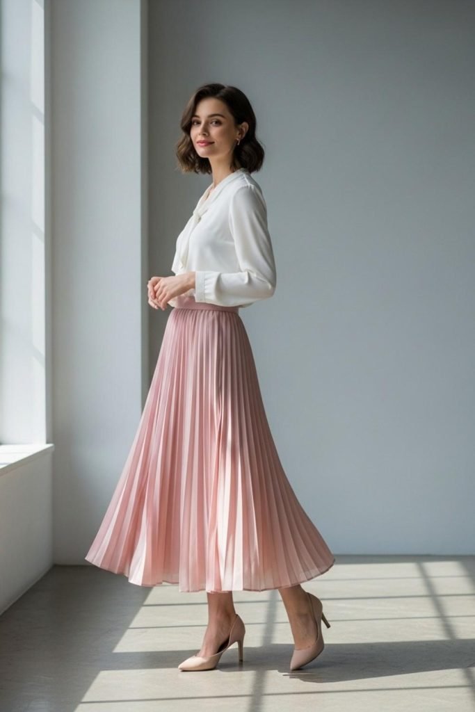 Pleated Midi Skirt and Blouse Combo