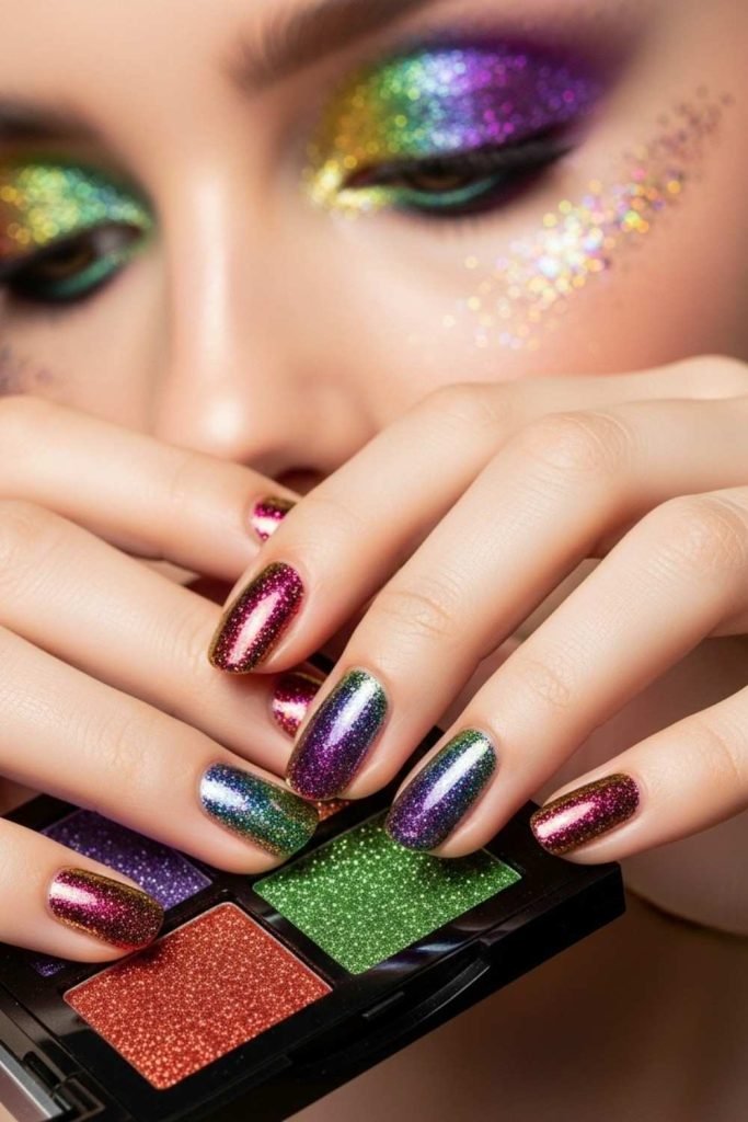 Rainbow Glitter Nails & Matching Makeup