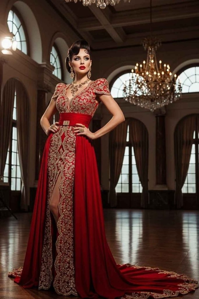 Red Dress With Gold Jewelry