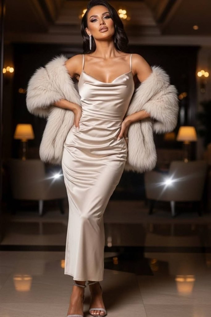 Satin Slip Dress With Faux Fur