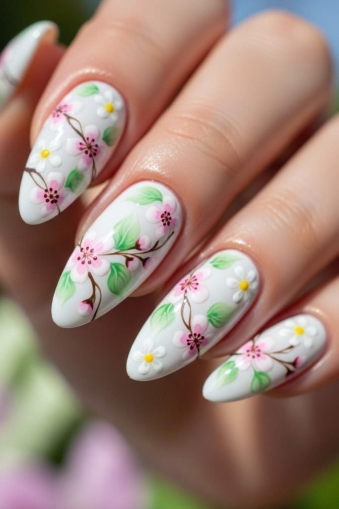 White Floral Spring Nails