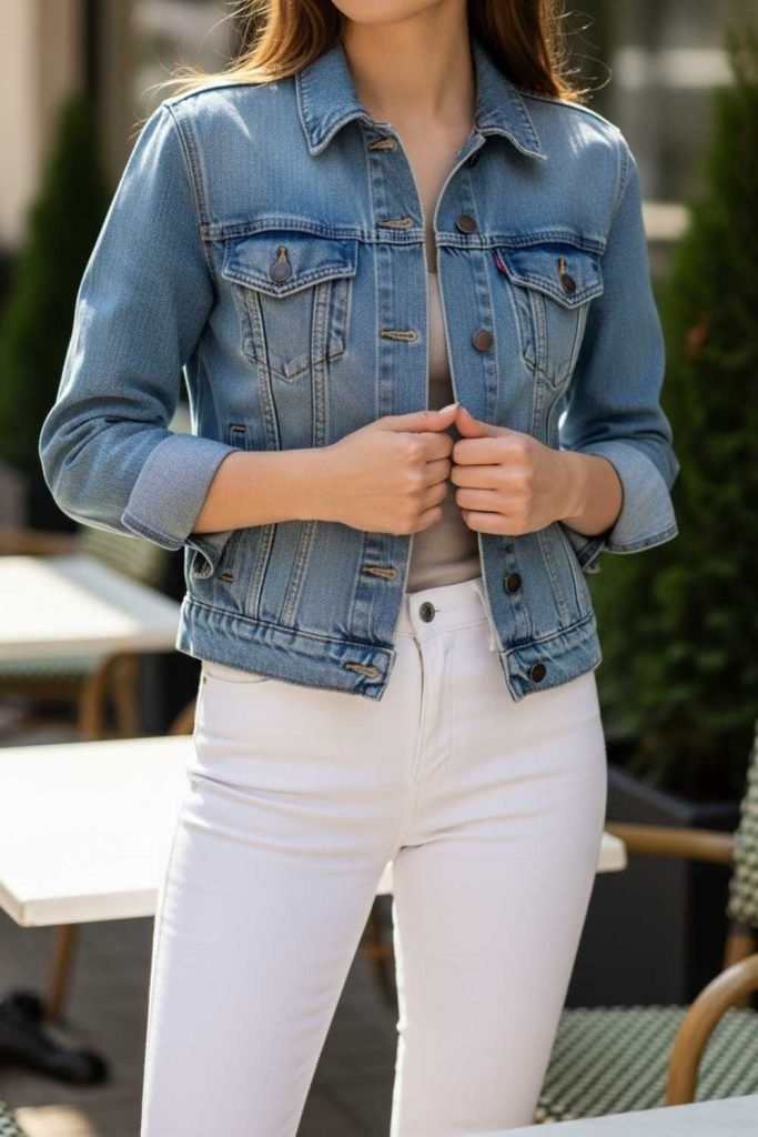 White Jeans with a Light Denim Jacket