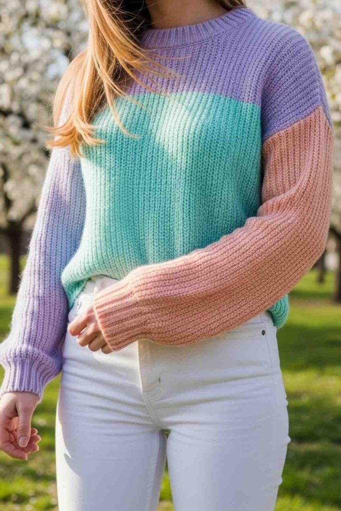 White Jeans with a Pastel Knit Sweater