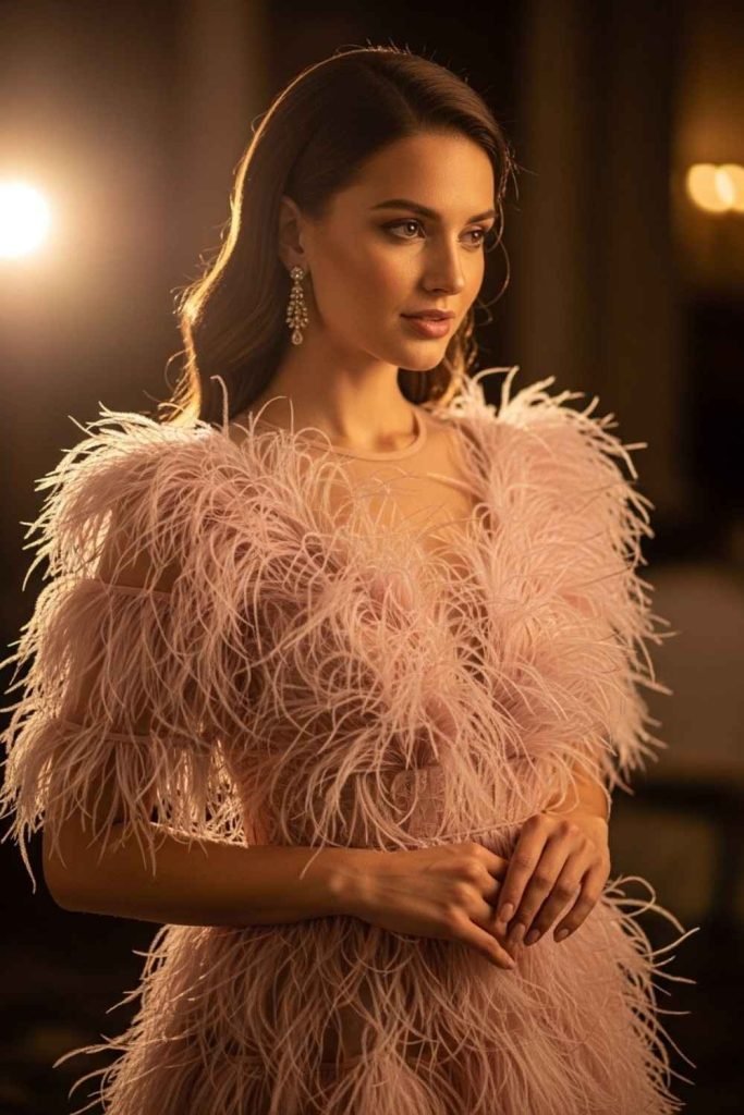 Blush Feather Trim Dress