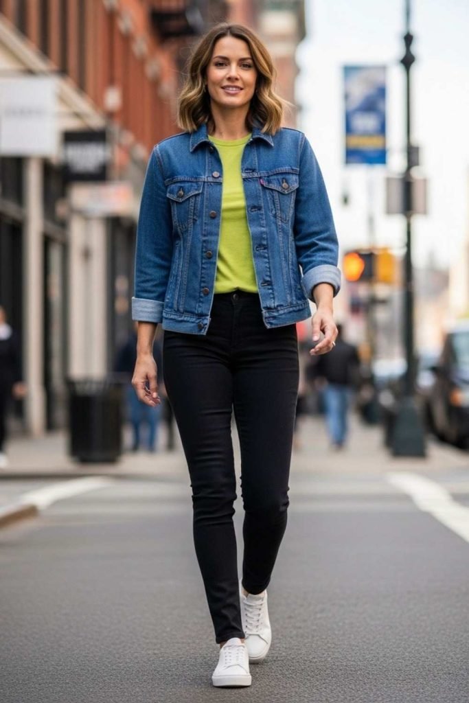 Casual Denim Jacket with Green Top