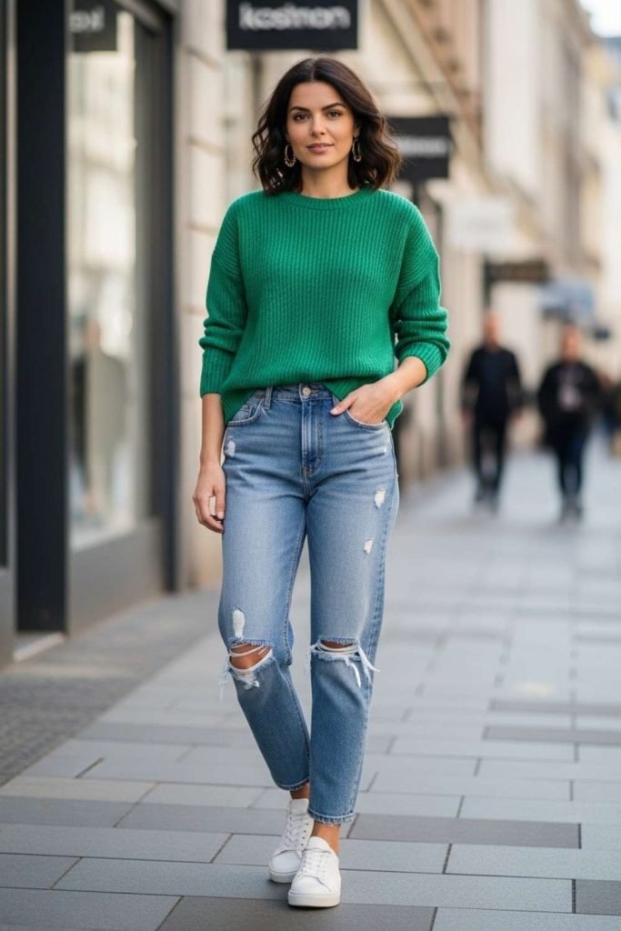 Classic Green Sweater & Jeans Combo