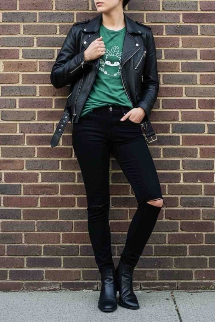 Cute Green Graphic Tee & Leather Jacket