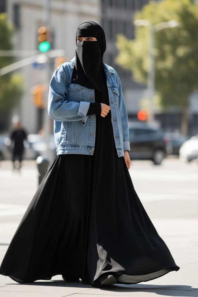 Denim Jacket Layered Over Abaya
