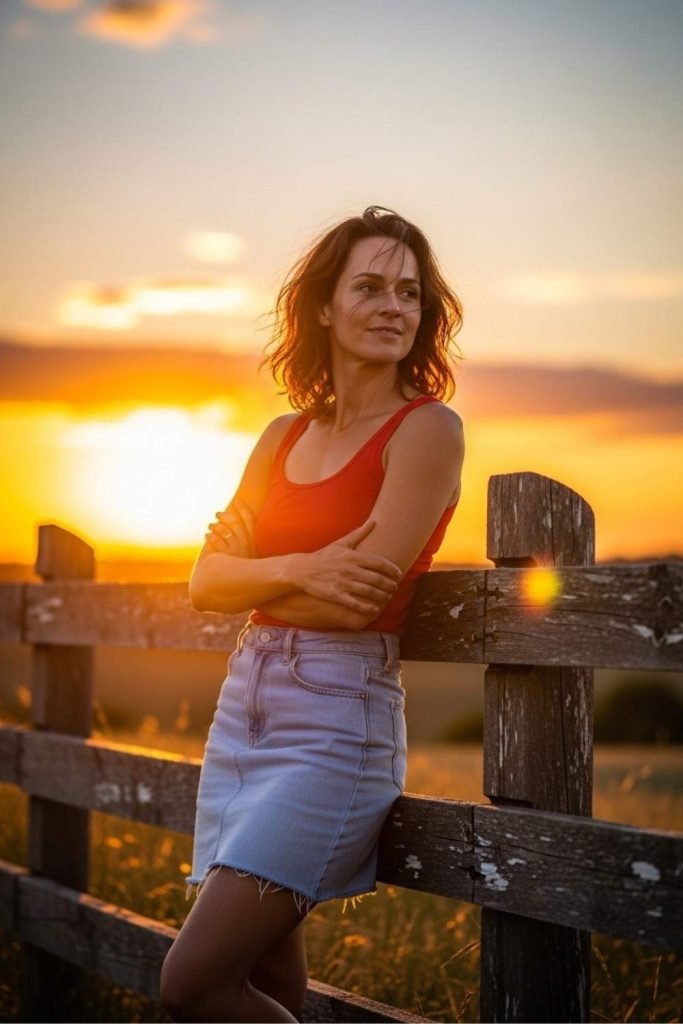 Denim Skirt + Red Tank