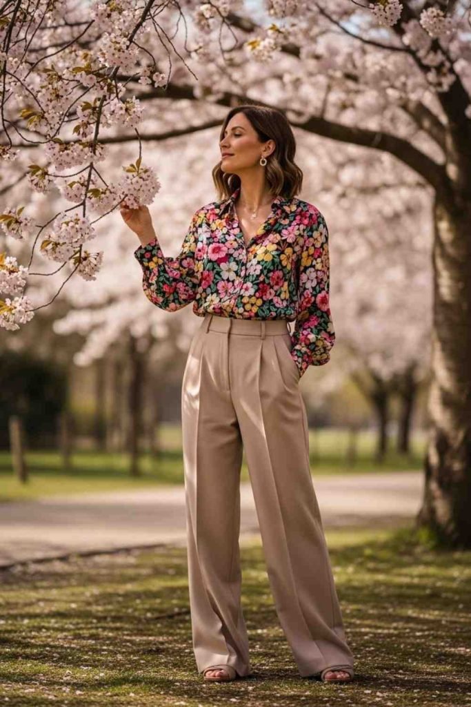 Floral Blouse with Tailored Trousers
