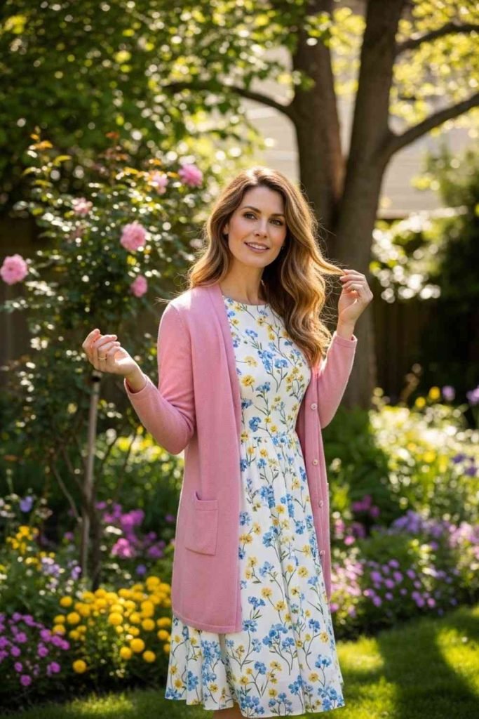 Floral Dress with Lightweight Cardigan