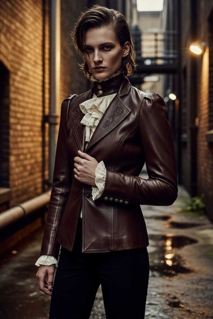 Leather Jacket with Victorian Details