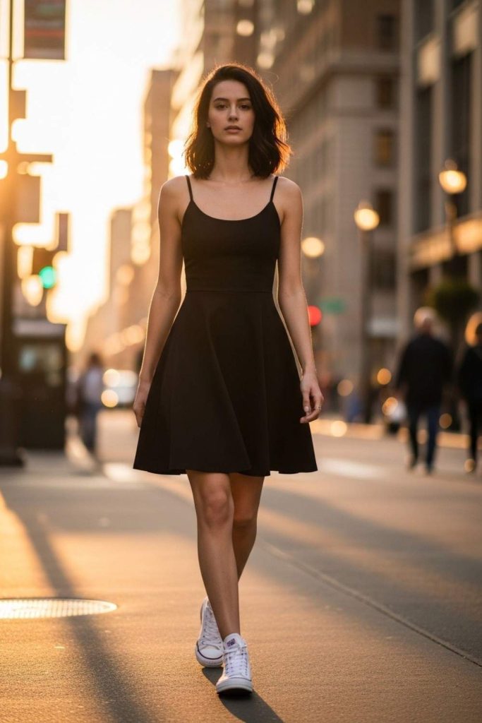 Little Black Dress with Classic Sneakers