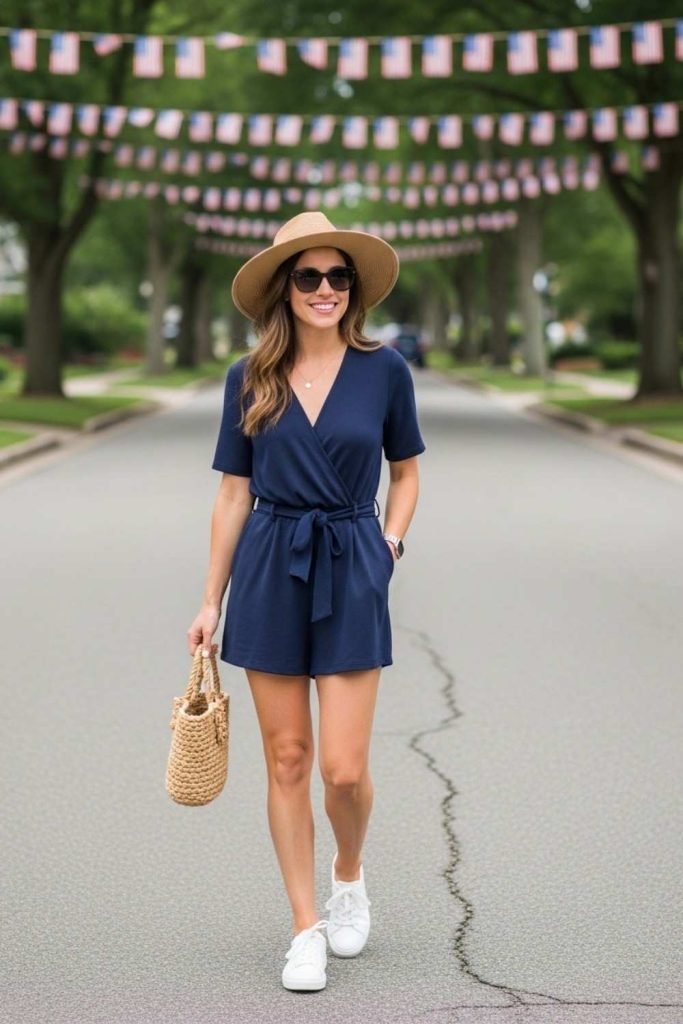 Navy Romper + White Sneakers