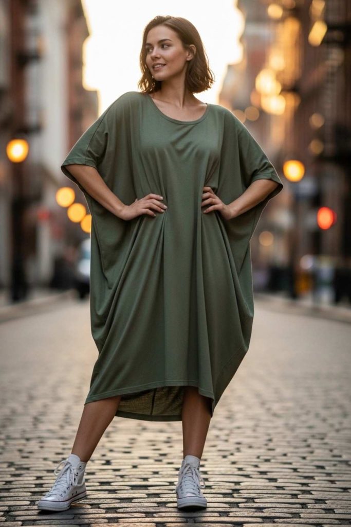 Oversized Dress with High-Top Sneakers