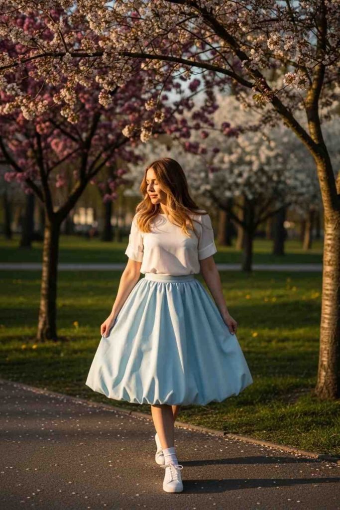 Pastel Bubble Skirt With White Blouse